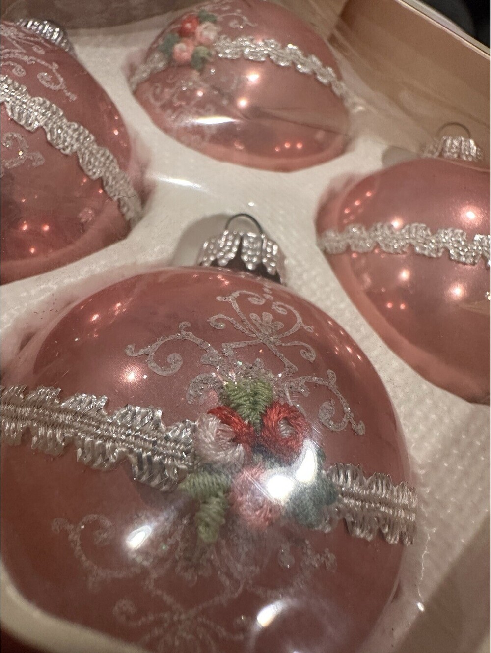 VTG Krebs USA Glass Christmas Ball Ornaments Appliqué Lace Frosted Glitter Pink